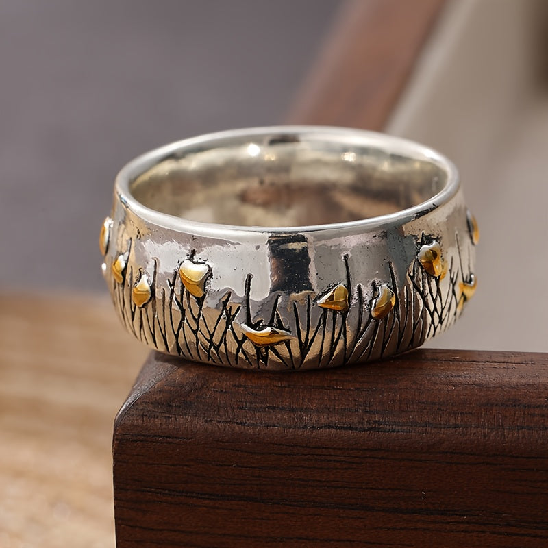Retro Ethnic Style Flower and Grass Two-Tone Ring