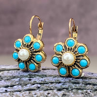 Vintage Style Turquoise And Pearls Flower Earrings