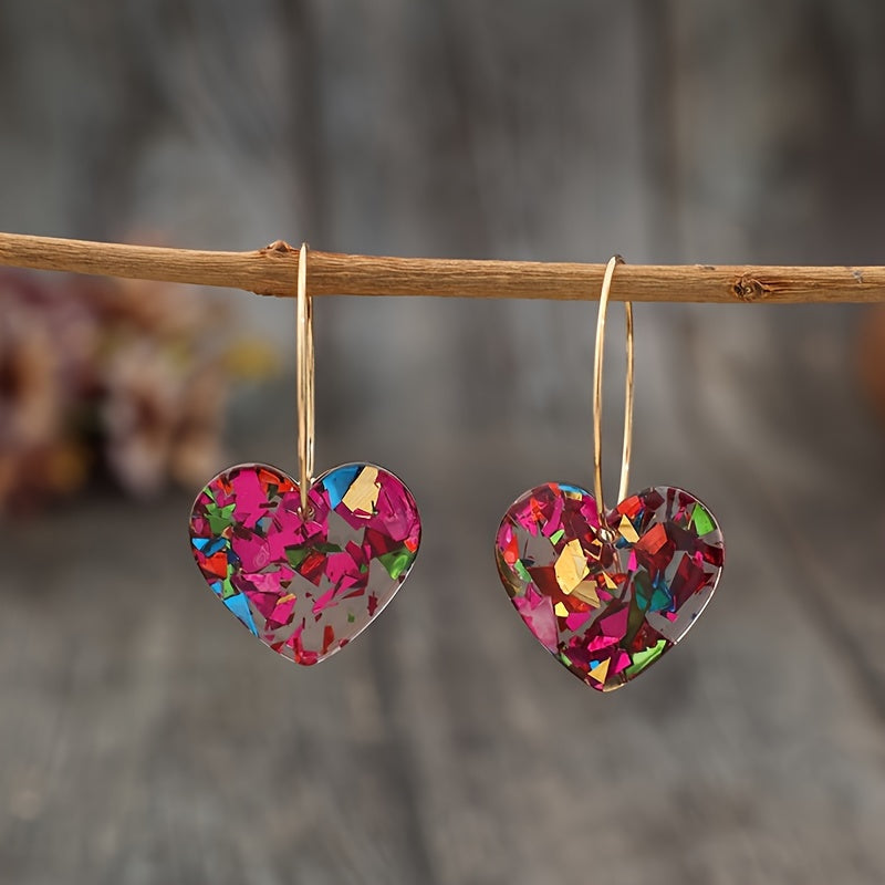 Vintage Style Resin Glitter Heart Pendant Earrings
