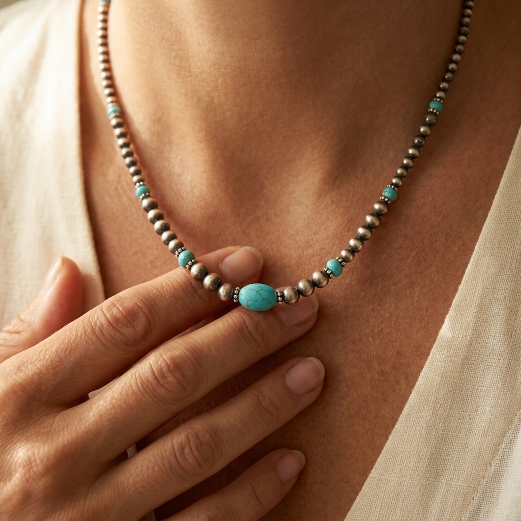 Vintage Silver Green Turquoise Beaded Necklace