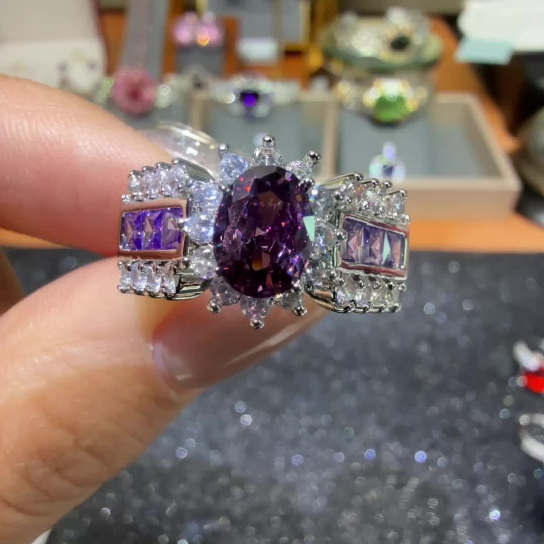 Vintage Boho Silver Purple Oval Zirconia Stone Rings