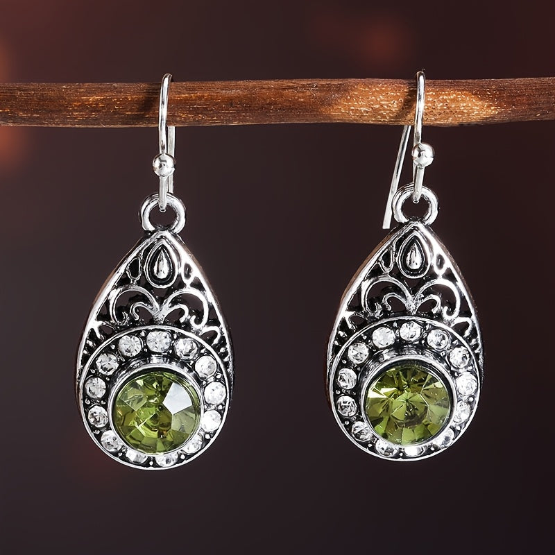 Retro Ethnic Style Water Droplet Green Zirconia Pendant Earrings