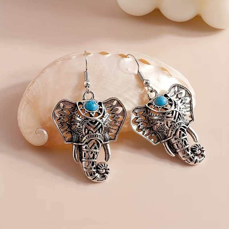 Vintage Turquoise Elephant Silver Plated Boho Drop Earrings