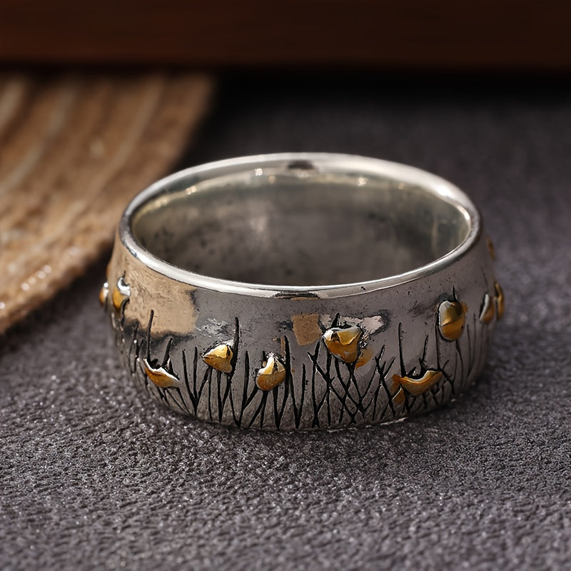 Retro Ethnic Style Flower and Grass Two-Tone Ring