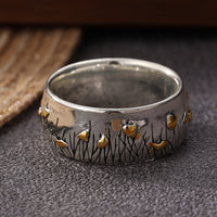 Retro Ethnic Style Flower and Grass Two-Tone Ring