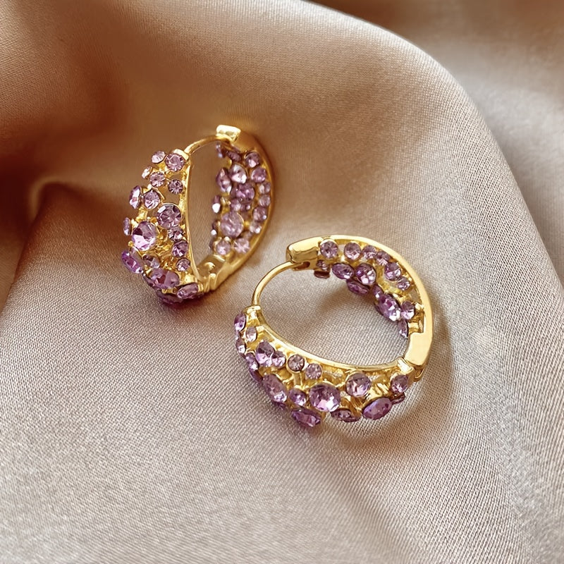 Elegant Purple Crystal Zirconia Gold Plated Hoop Earrings
