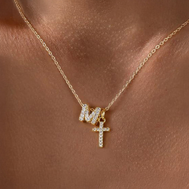 Dainty Diamond Initial & Cross Pendant Necklace