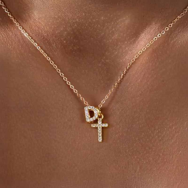 Dainty Diamond Initial & Cross Pendant Necklace