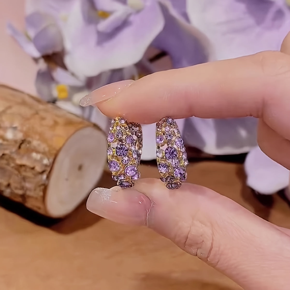 Elegant Purple Crystal Zirconia Gold Plated Hoop Earrings