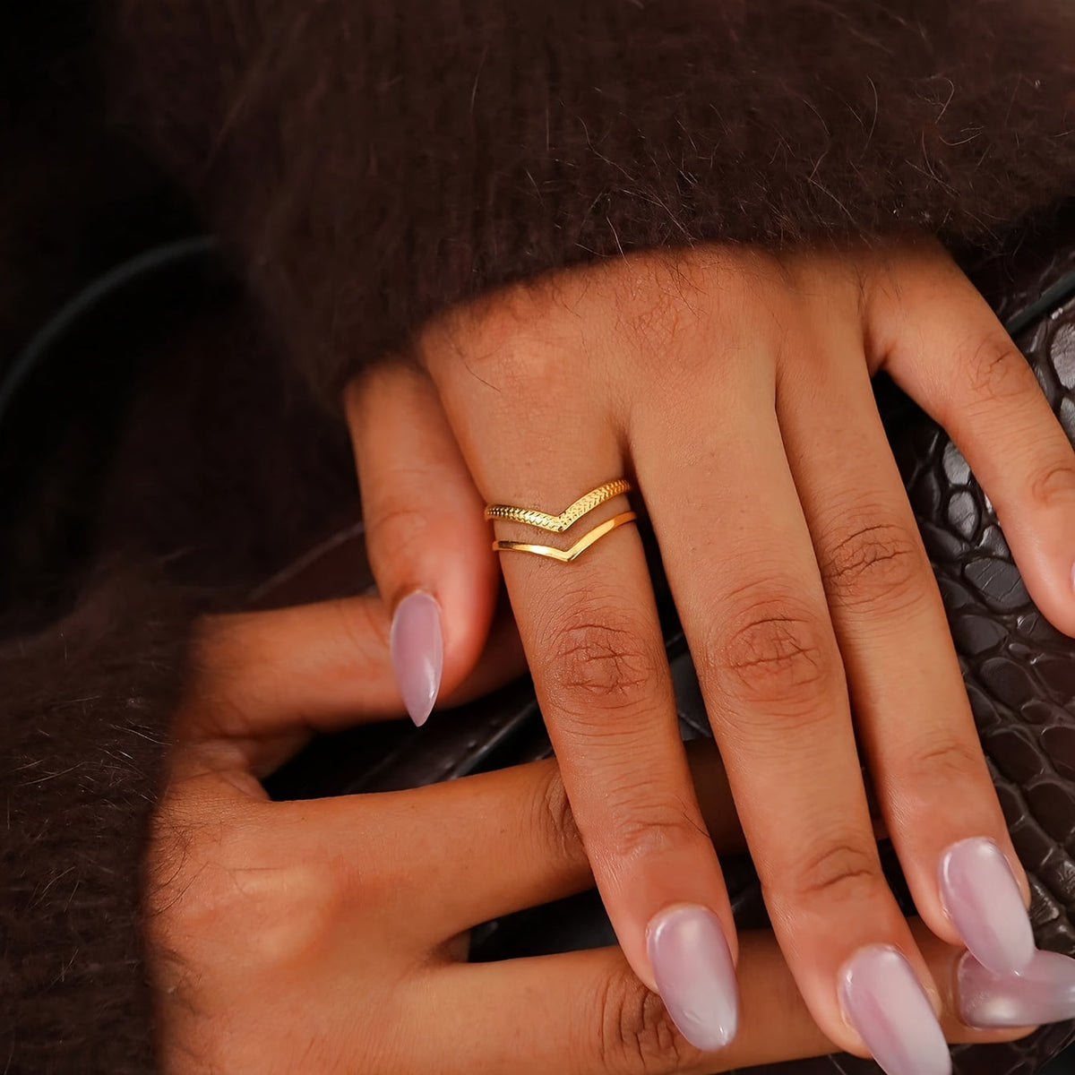 Double-Layer Gold V-Shaped Adjustable Statement Ring