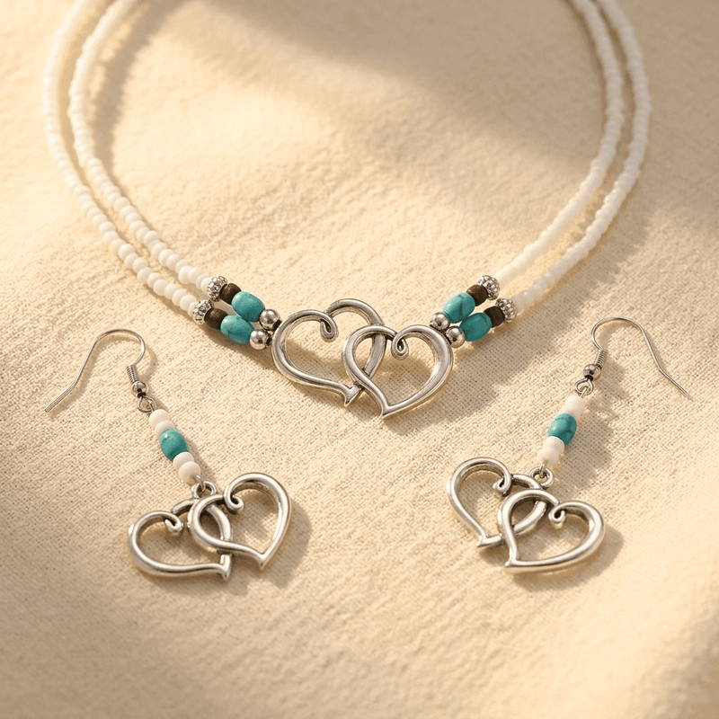 Double Layer Beaded Heart Charm Necklace And Bracelet Set