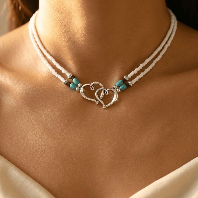 Double Layer Beaded Heart Charm Necklace And Bracelet Set