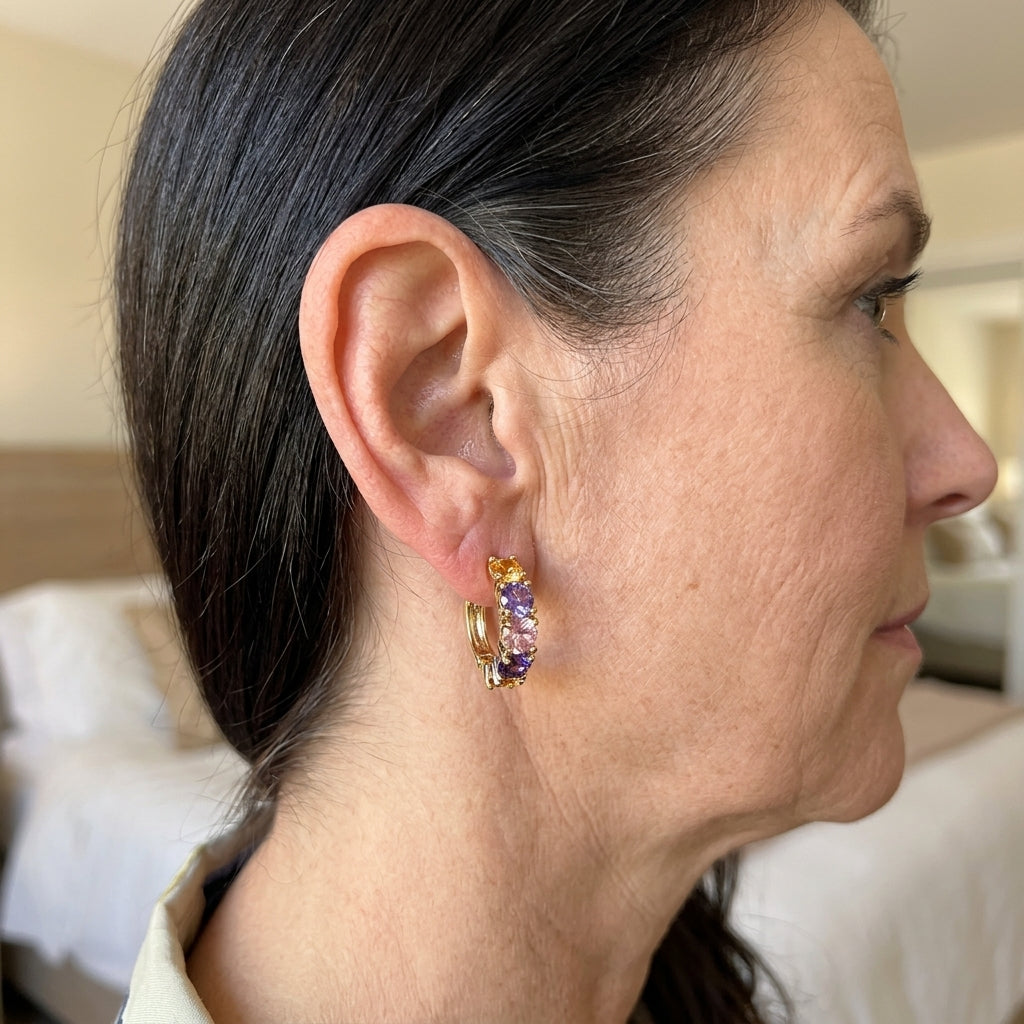 Luxury Pink Purple Cubic Zirconia Gold Hoop Earrings