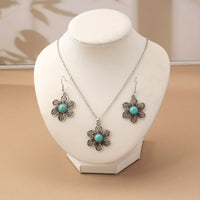 Vintage Turquoise Flower Silver Plated Necklace & Earring Set