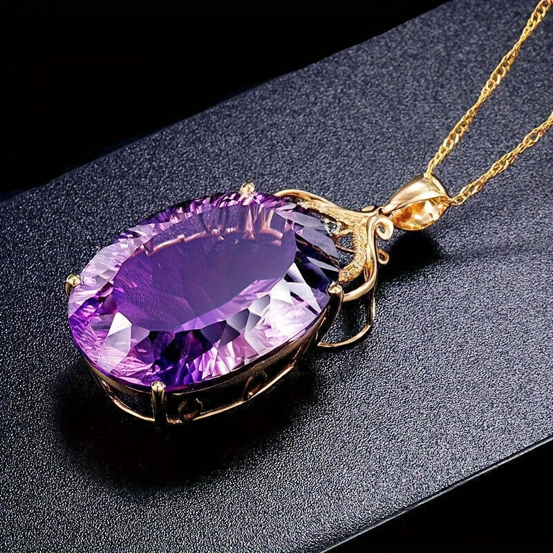Elegant Purple Synthetic Zirconia Inlaid Oval Pendant Necklace