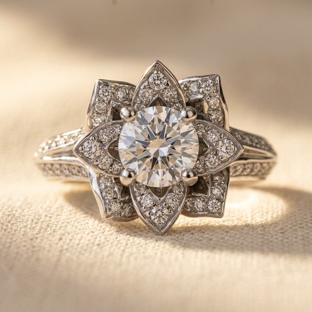 Elegant Zirconia Lotus Flower Engagement Ring