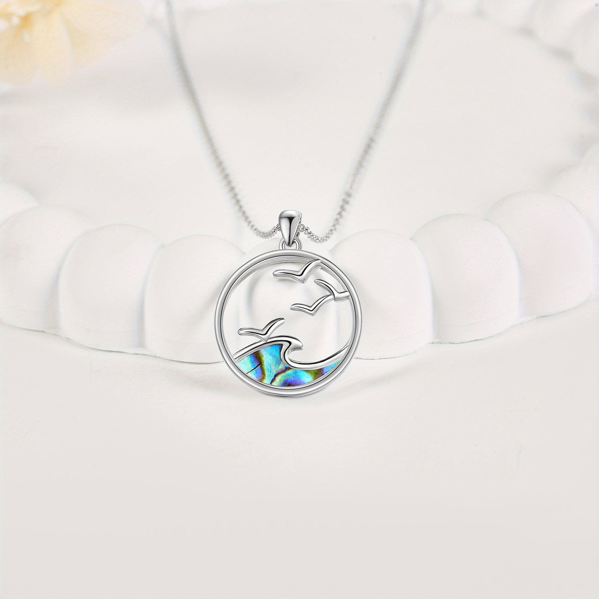 Sterling Silver Seagull & Ocean Wave Pendant Necklace