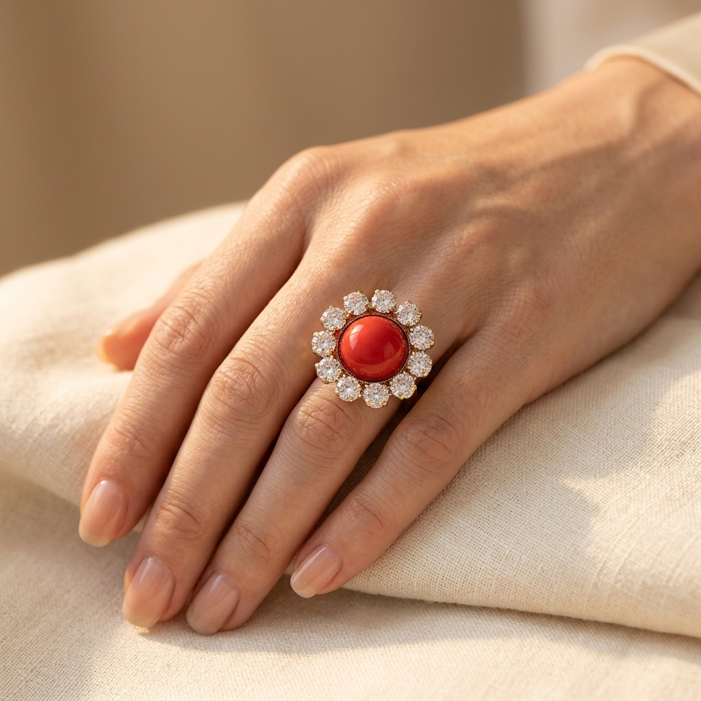 Vintage Gold Red Coral Cabochon Ring with Sparkling Crystal Diamond Halo