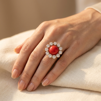 Vintage Gold Red Coral Cabochon Ring with Sparkling Crystal Diamond Halo