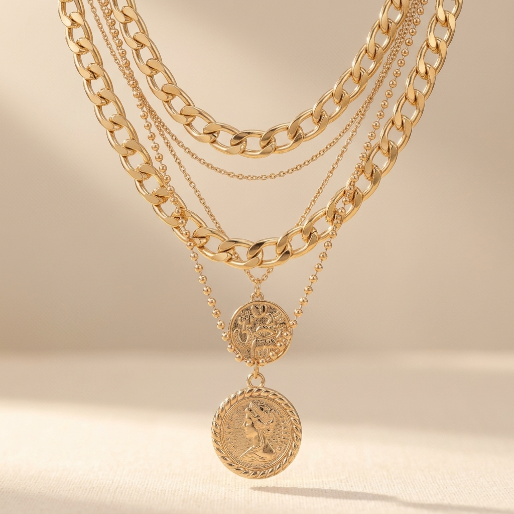 Layered Chain Necklace With Interlocking Rings