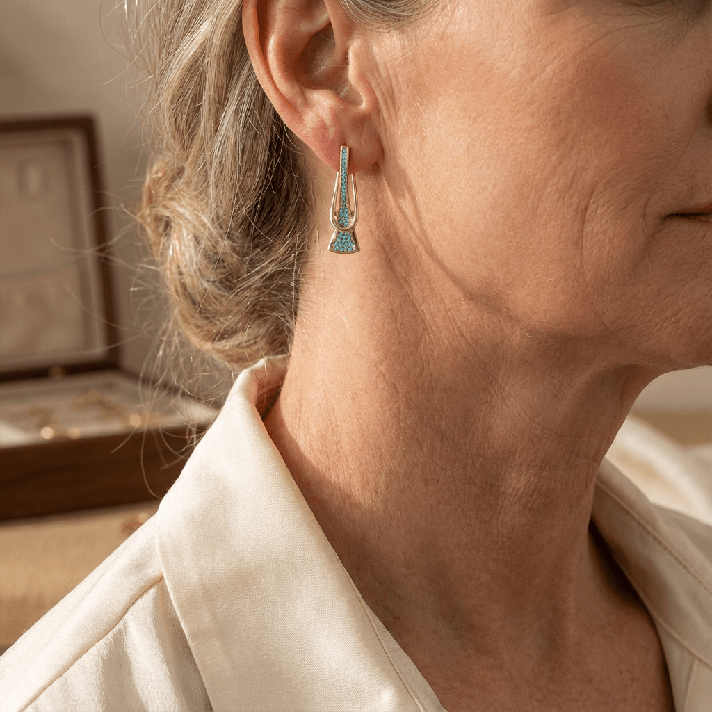 Elegant Gold Tone Synthetic Geometric Turquoise Earrings