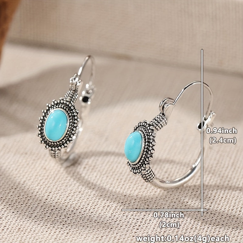 Vintage Retro Style Elongated Turquoise Round Splicing Earrings
