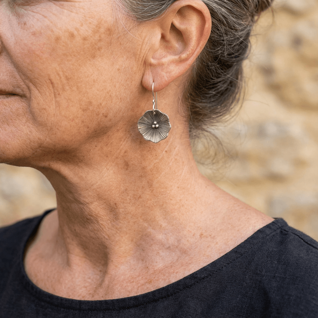 Handcrafted Textured Silver Flower Drop Earrings
