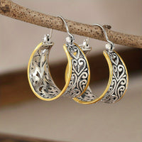 Vintage Two-Tone Hand Carved Bohemian Hoop Earrings