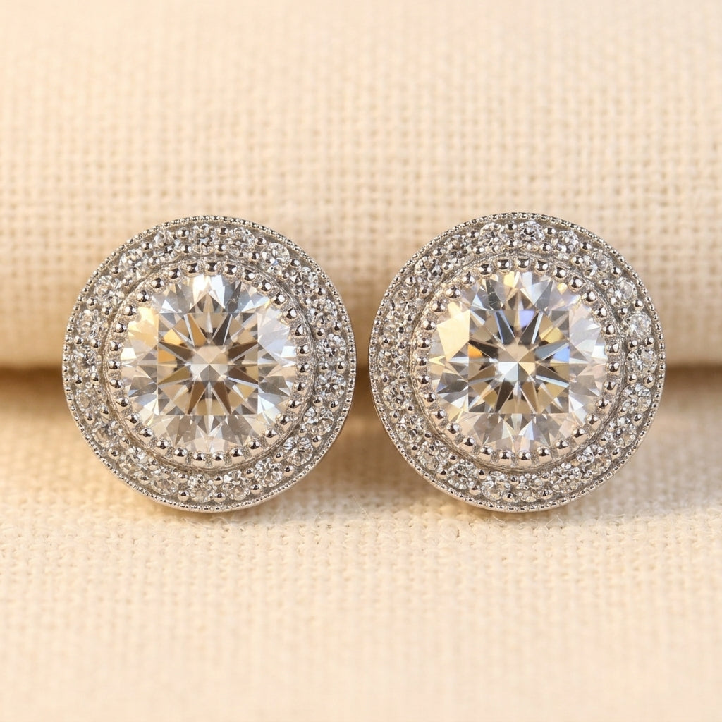 Round Cut Moissanite Halo Stud Earrings