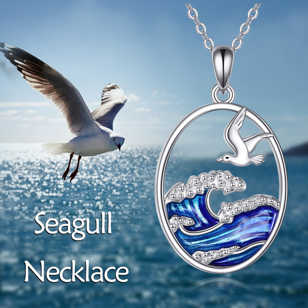 Sterling Silver Ocean Wave & Seagull Pendant Necklace