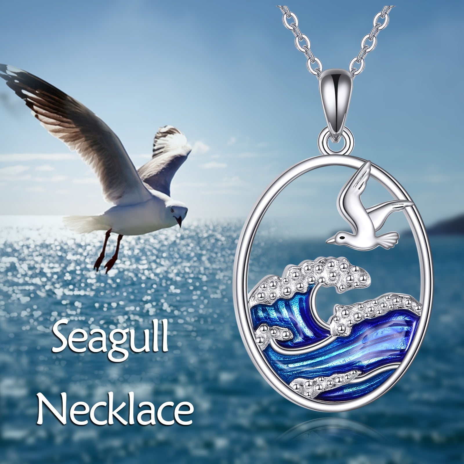 Sterling Silver Ocean Wave & Seagull Pendant Necklace