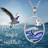 Sterling Silver Ocean Wave & Seagull Pendant Necklace