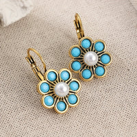 Vintage Style Turquoise And Pearls Flower Earrings
