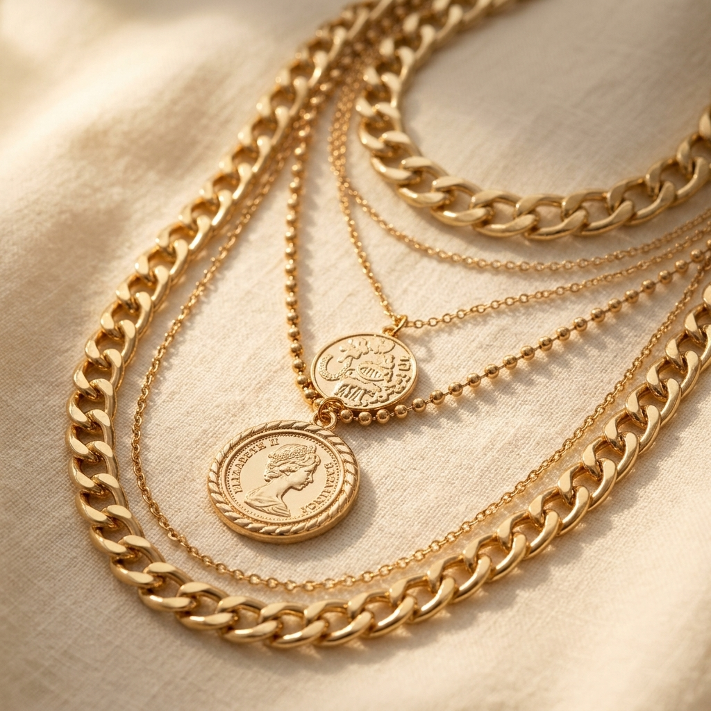 Layered Chain Necklace With Interlocking Rings
