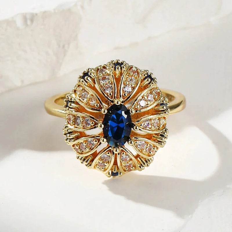 Elegant Gold Plated Sunflower Design Blue Zirconia Inlaid Ring