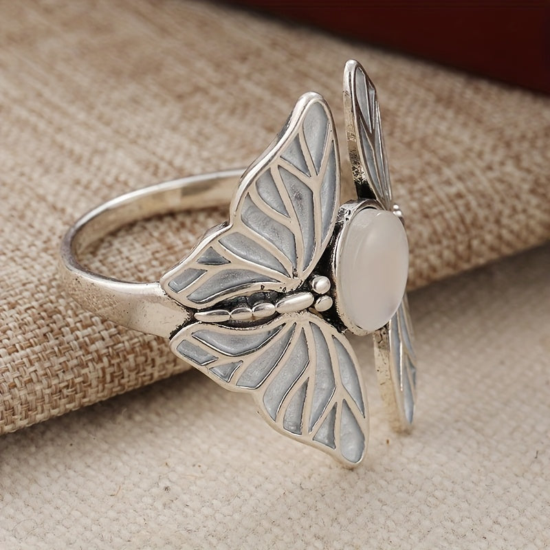 Elegant Silver Plated Butterfly Oval Moonstone Ring
