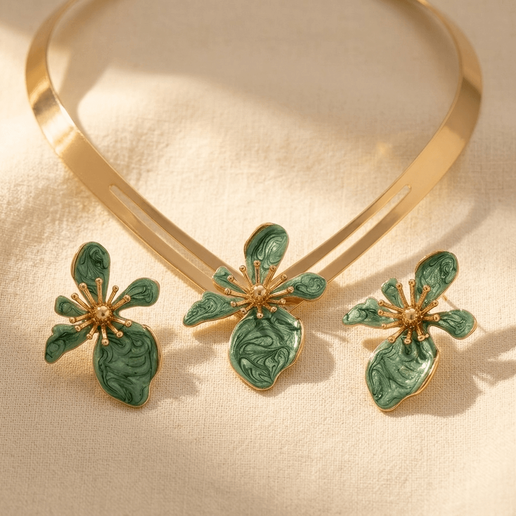 Floral Necklace Stud Earrings Jewelry Set