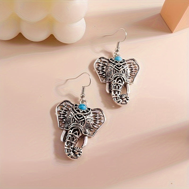 Vintage Turquoise Elephant Silver Plated Boho Drop Earrings