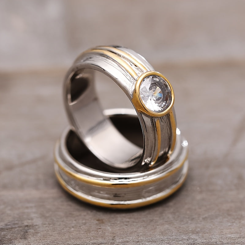 Bohemian Vintage Zirconia Wide Two-Tone Rings Set