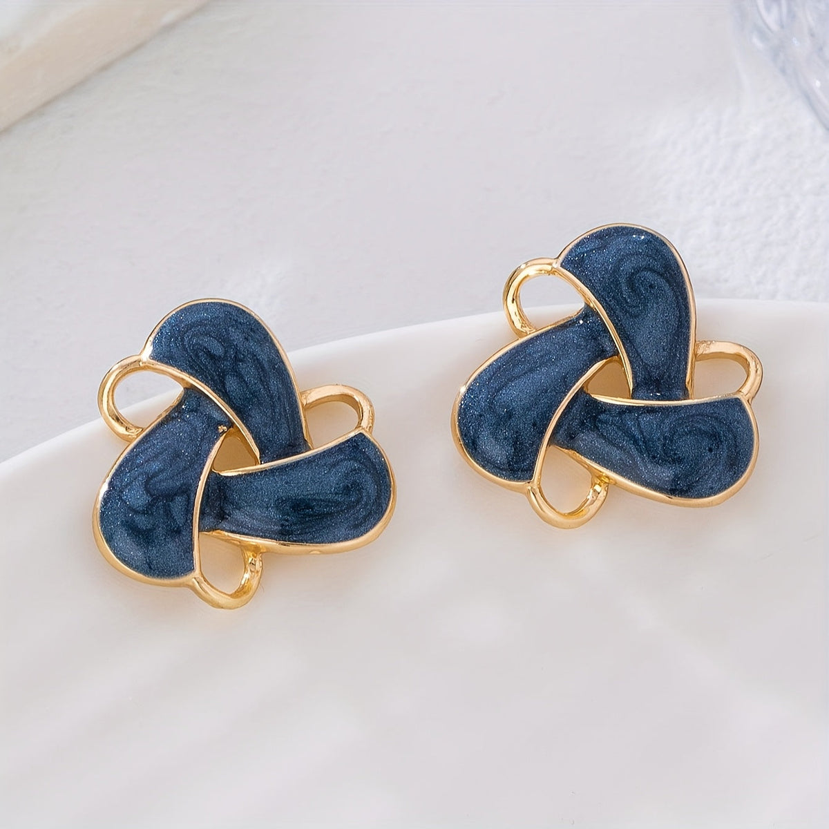 Navy Enamel Knot Stud Earrings with Gold Accents