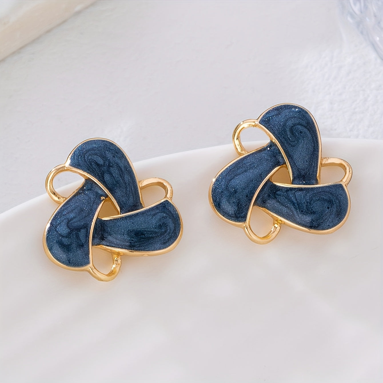 Navy Enamel Knot Stud Earrings with Gold Accents