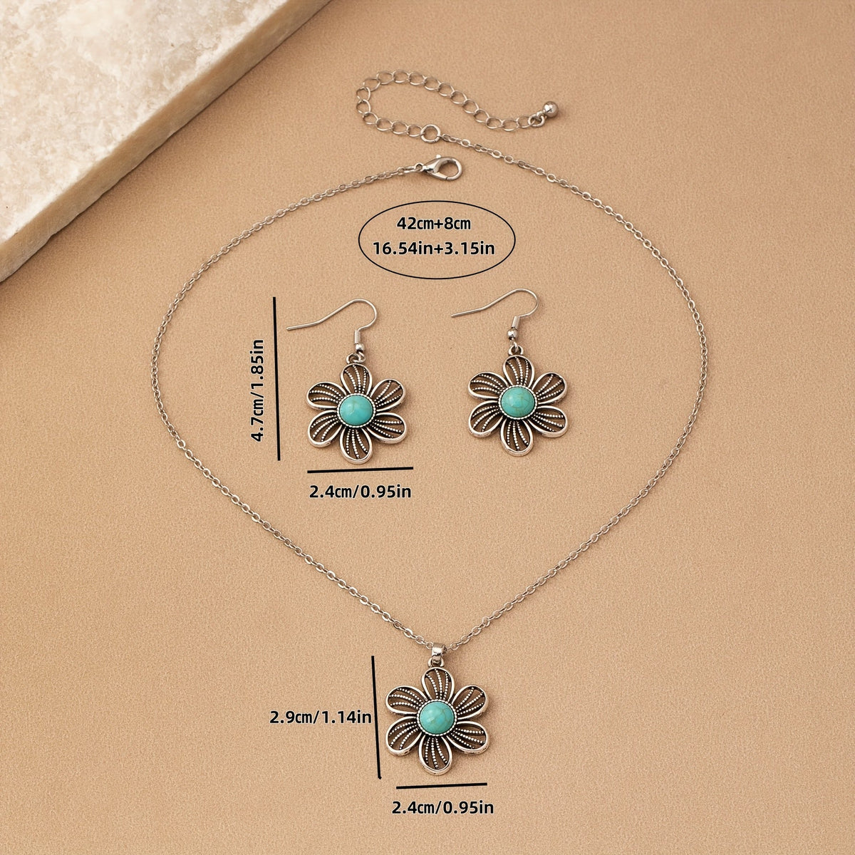Vintage Turquoise Flower Silver Plated Necklace & Earring Set