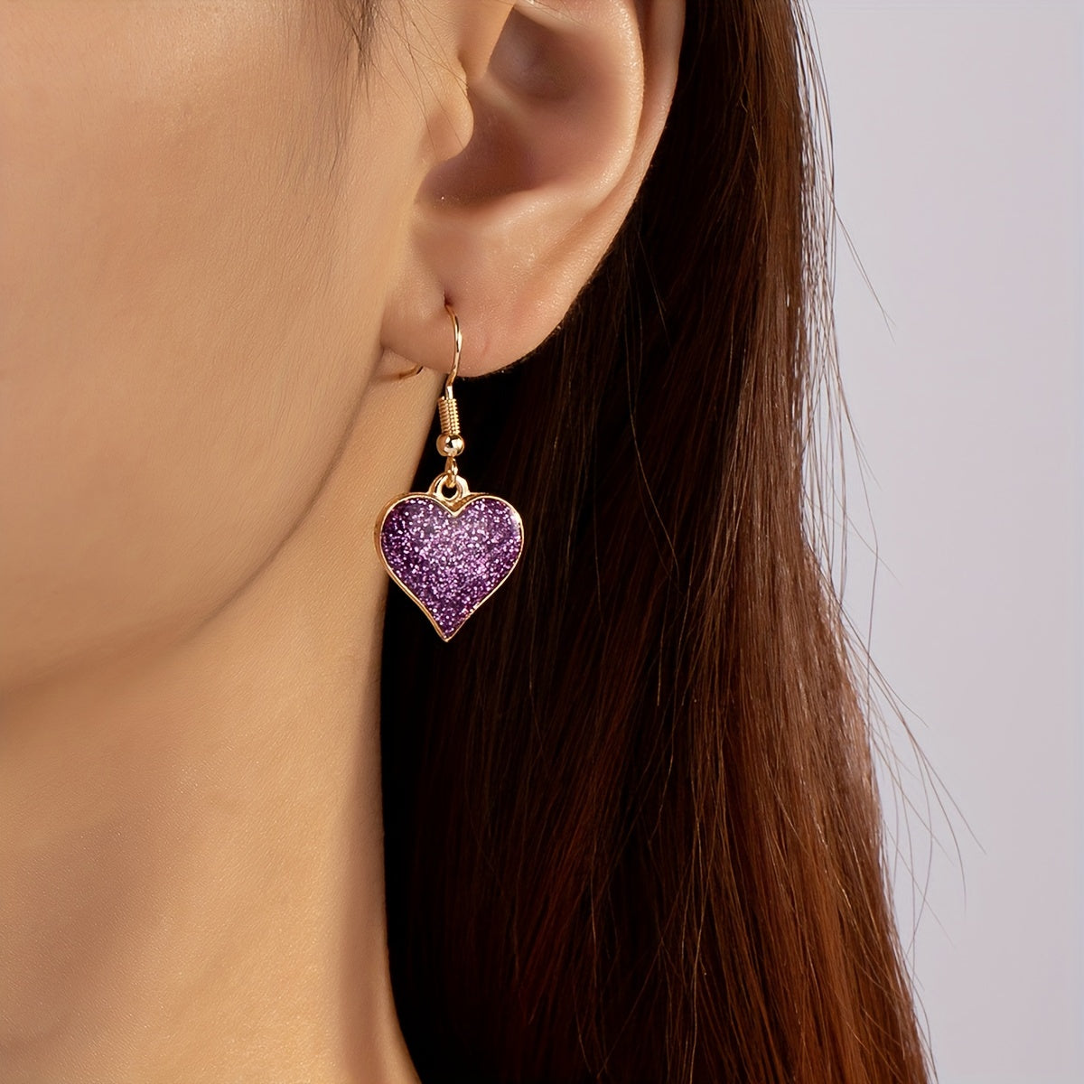 Elegant Purple Glitter Heart Dangle Earrings