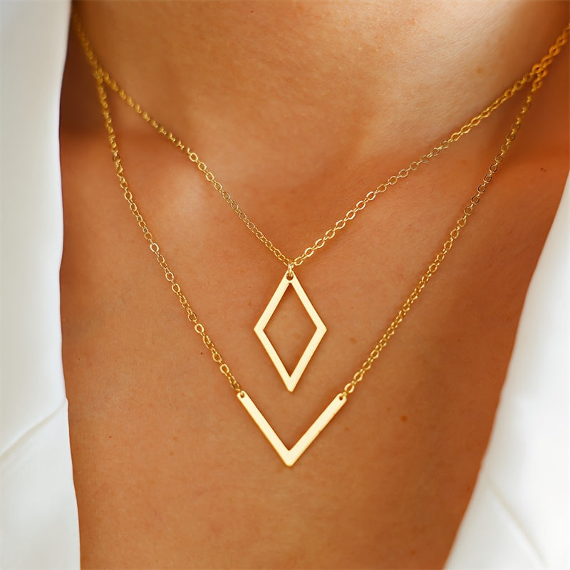 Retro Geometric Design Gold V-Pendant Necklace