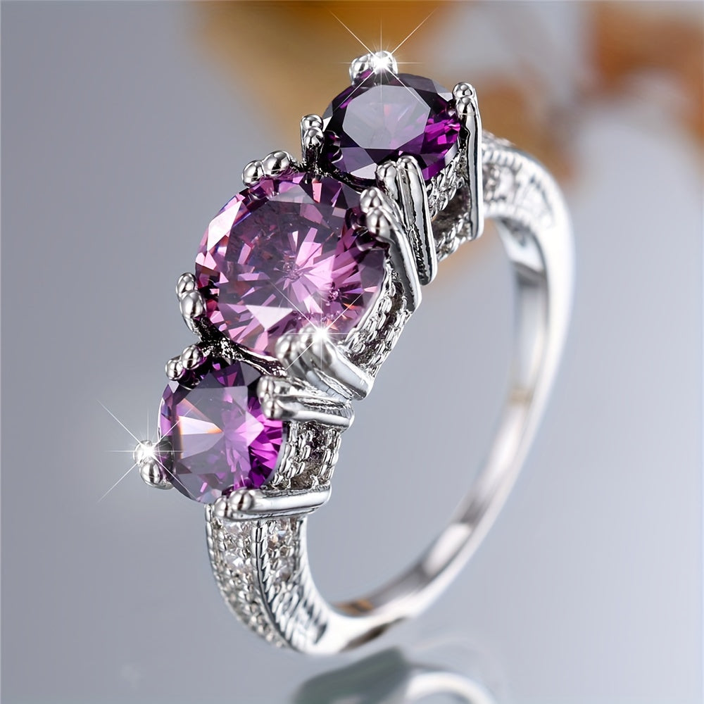 Vintage Style Three Stone Purple Round Zirconia Ring