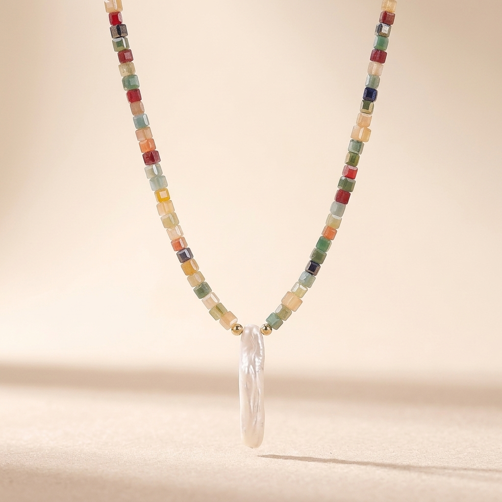Colorful Natural Stone Square Beaded Necklace