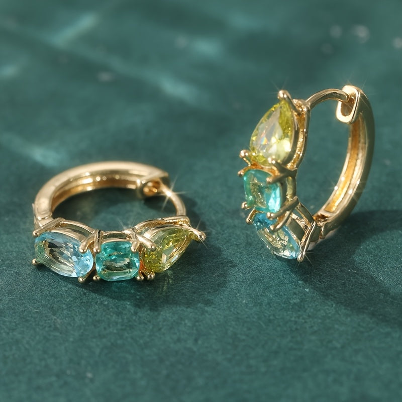 French Style Blue Green Zirconia Circular Earrings