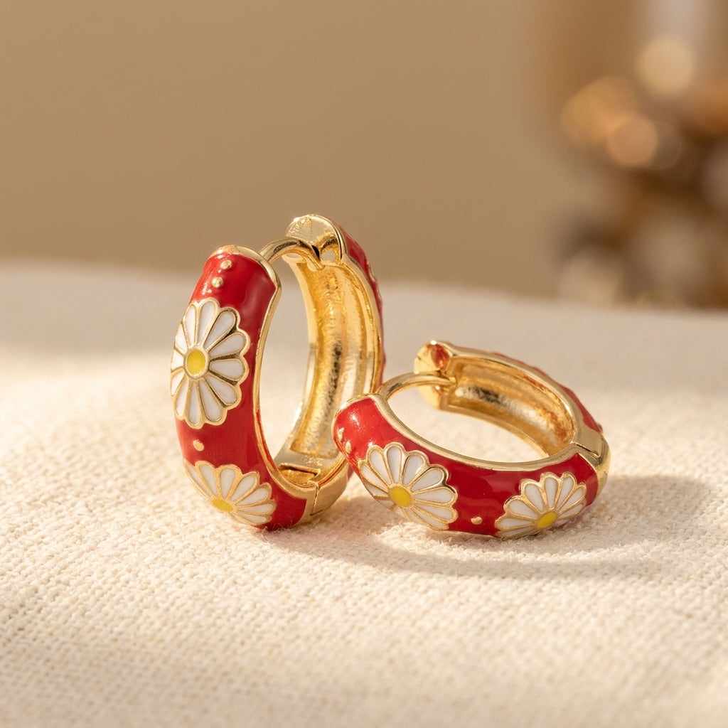 Red Flower Gold Hoop Earrings
