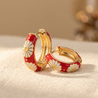 Red Flower Gold Hoop Earrings