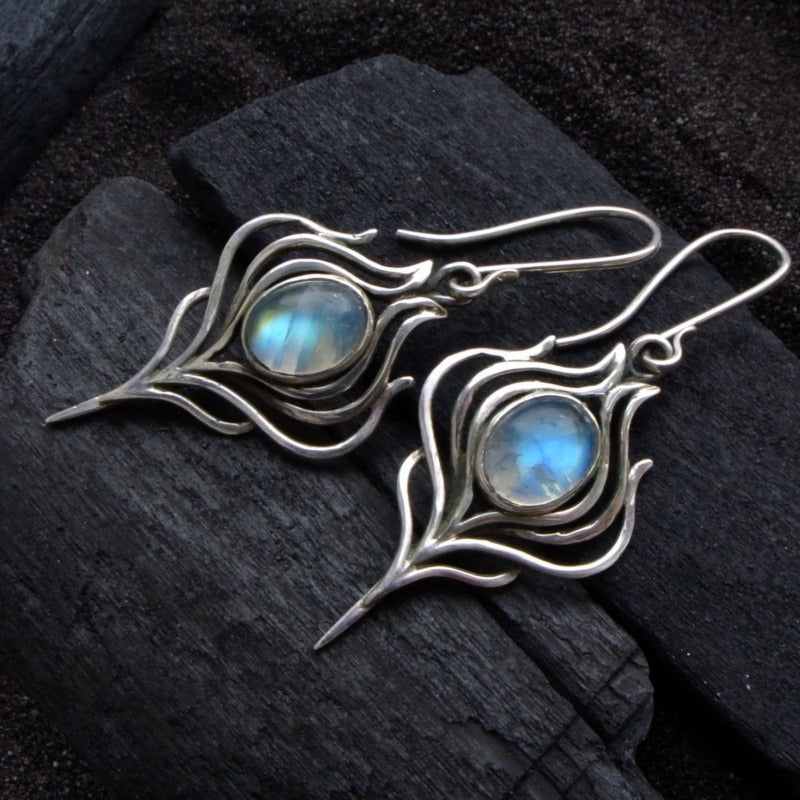 Vintage Bohemian Moonstone Leaf Drop Earrings